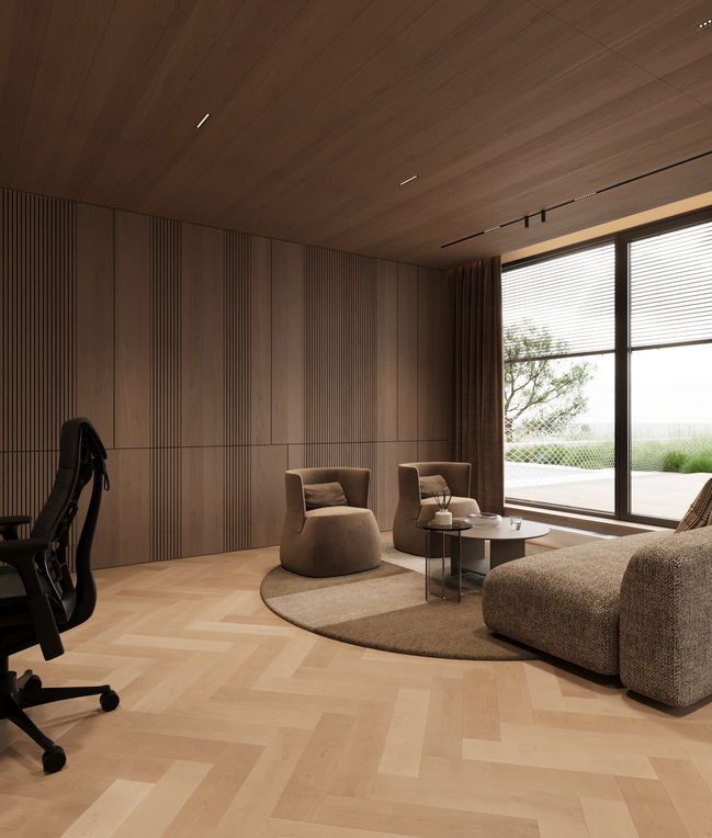 Modern obývačka s dvomi kreslami, pohovkou a výhľadom na vonkajšiu terasu. IA 021.