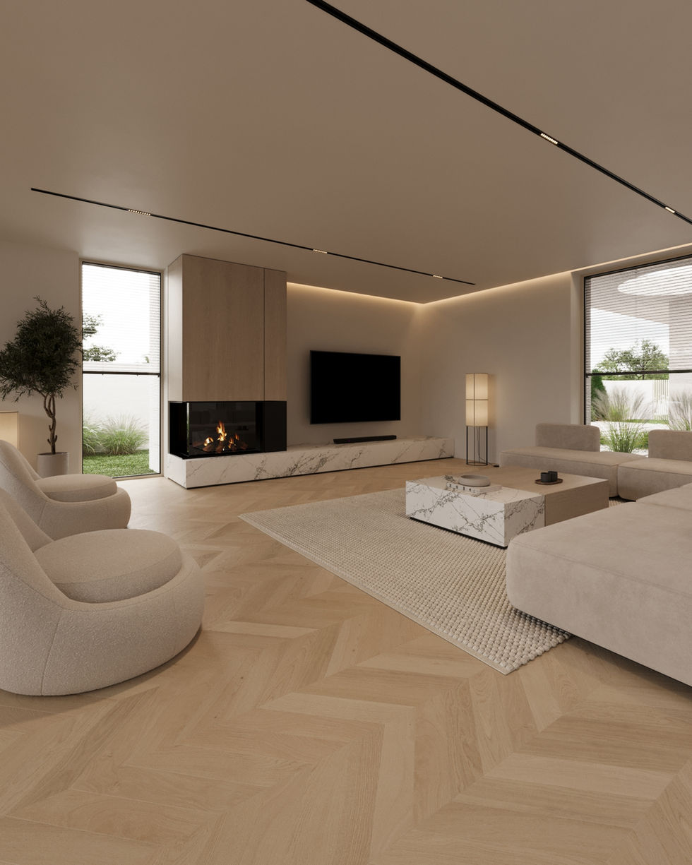 Modern obývačka s televízorom, krbom a bielym nábytkom. IA 021, minimalistický dizajn.
