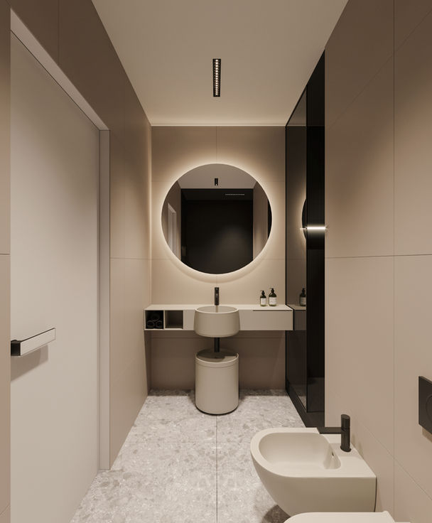 Moderná kúpeľňa s okrúhlym zrkadlom a bielou sanitou. IA 010. Elegantný interiér.