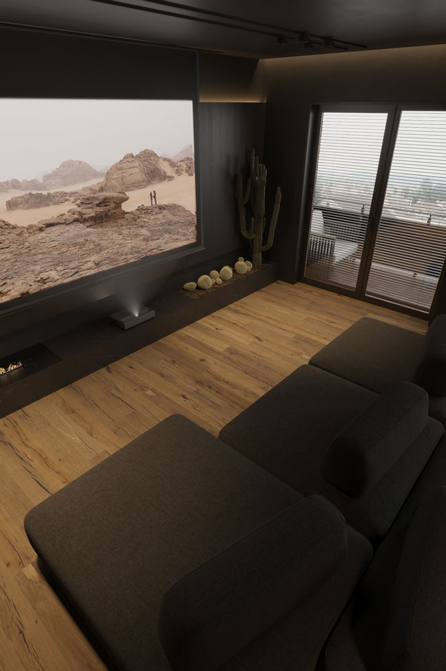 Modern obývačka s rozsiahlym výhľadom na púšť a drevenou podlahou.