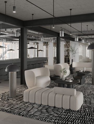 3D vizualizácia open space kancelárskych priestorov oddychovej lounge časti s kontrastným čierno béžovým nábytkom