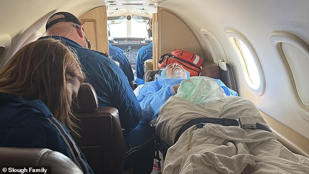 Leaving their daughters in the Bahamas, Brent and Whitney traveled to Florida to ensure he received sufficient care - an expense they had to pay out of pocket (pictured: Brent being airlifted to Miami)
