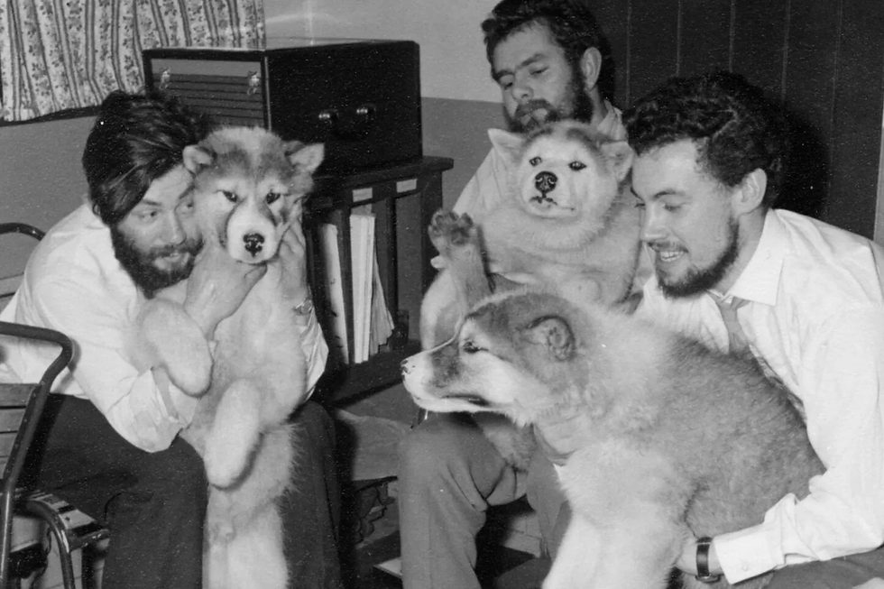 Dennis Bell (left) with his colleagues at Admiralty Bay Base in 1959