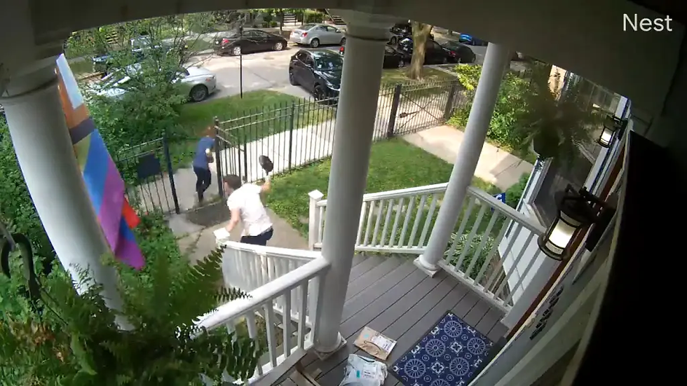 Security cameras captured the home intruder exiting the house before jumping off the front porch as the frying-pan-wielding Williams pursued.