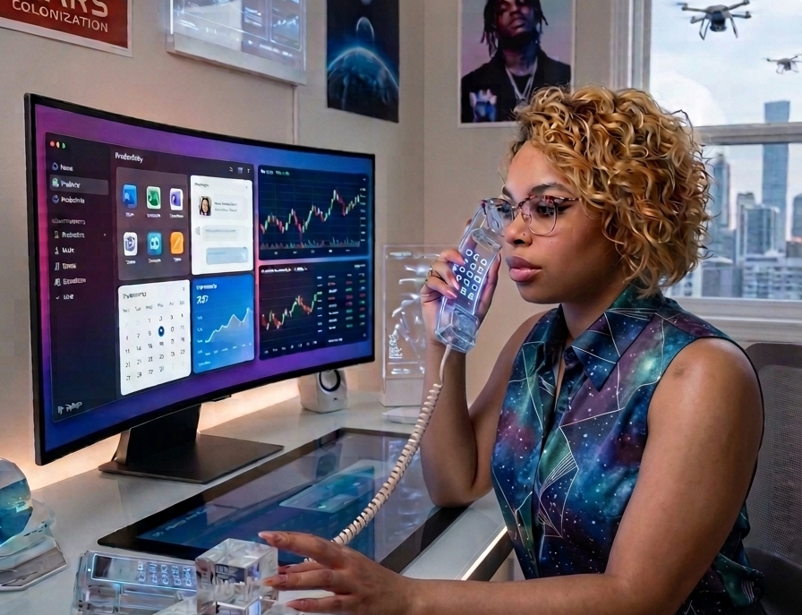 Image of Bunny sitting at a desk with computer and a futuristic lanline wired phone in a futuristic home office.