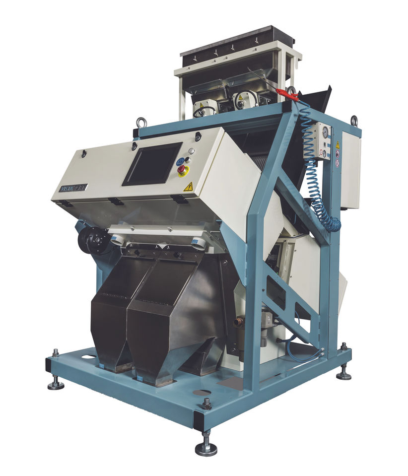 VistaSort 2-chute optical color sorter designed for precision seed and grain color sorting with adjustable reject chutes and industrial frame