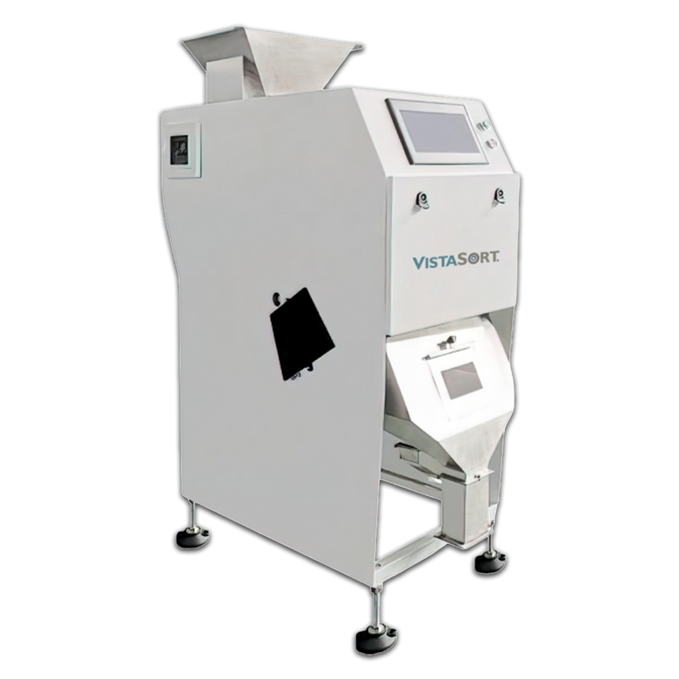 VistaSort Mini optical color sorter for small-scale seed and grain processing with compact footprint and touchscreen control panel