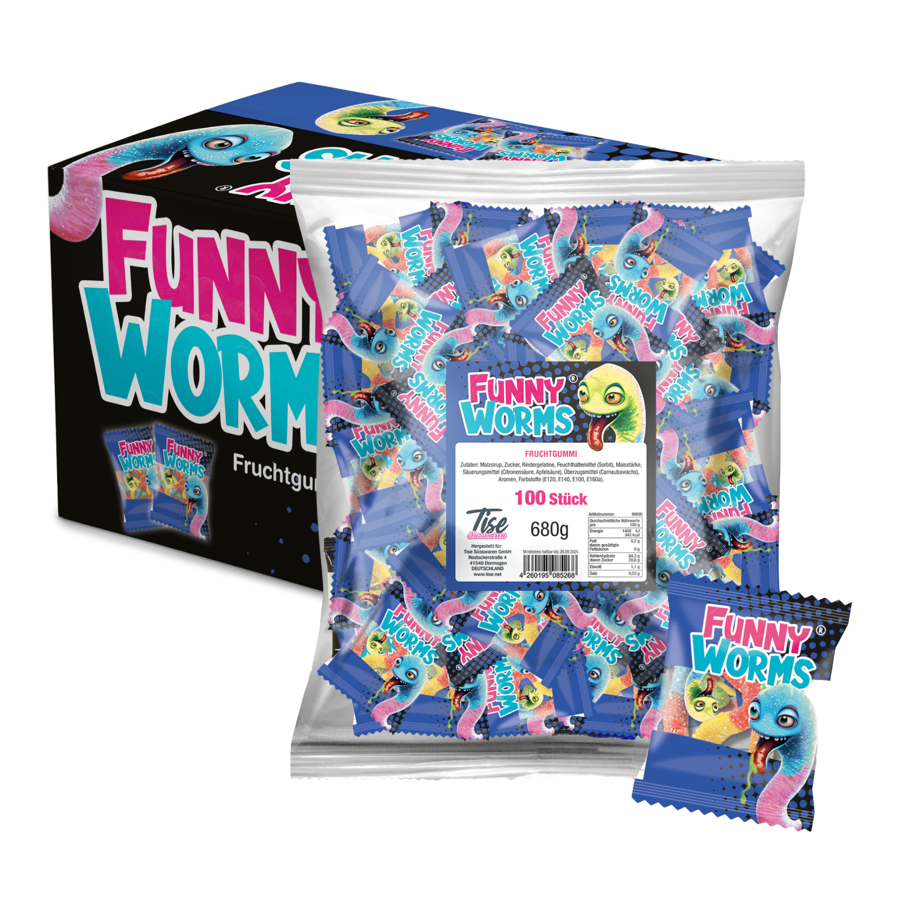 Funny Worms Fruchtgummi KARTON (8 Beutel à 680g)