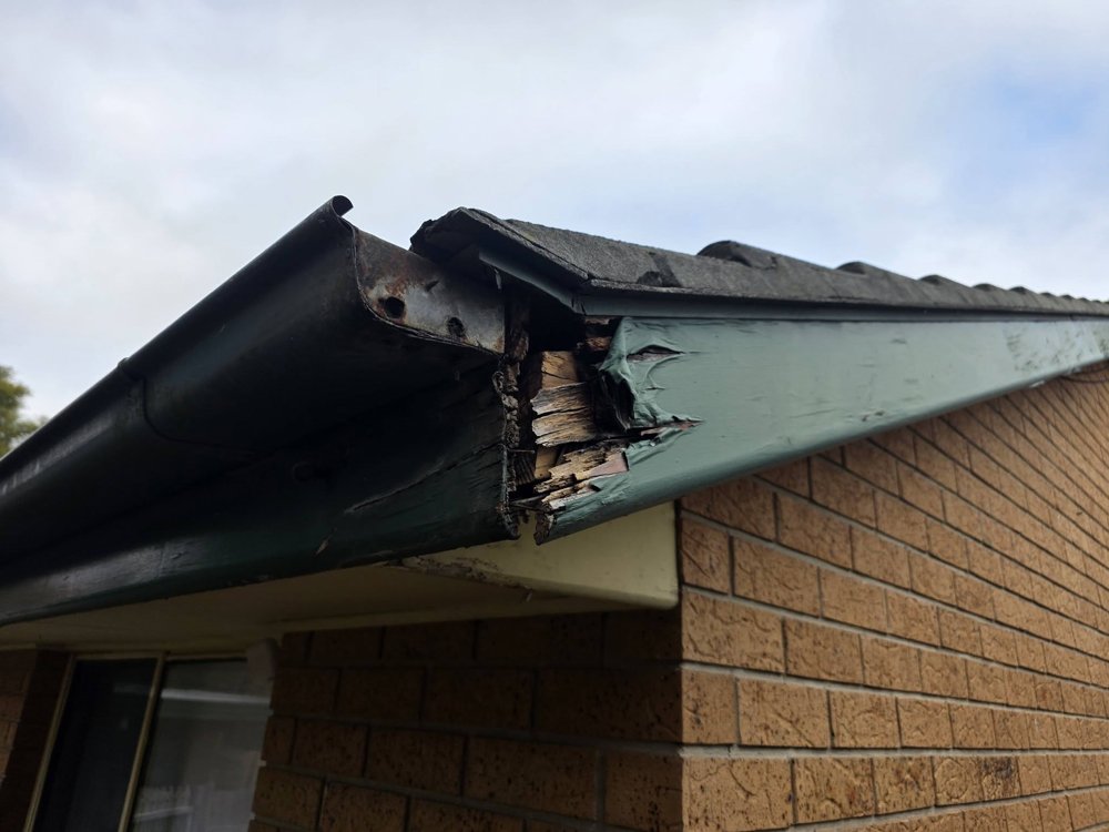 Rusted gutter and rotted fascia board ready for replacement