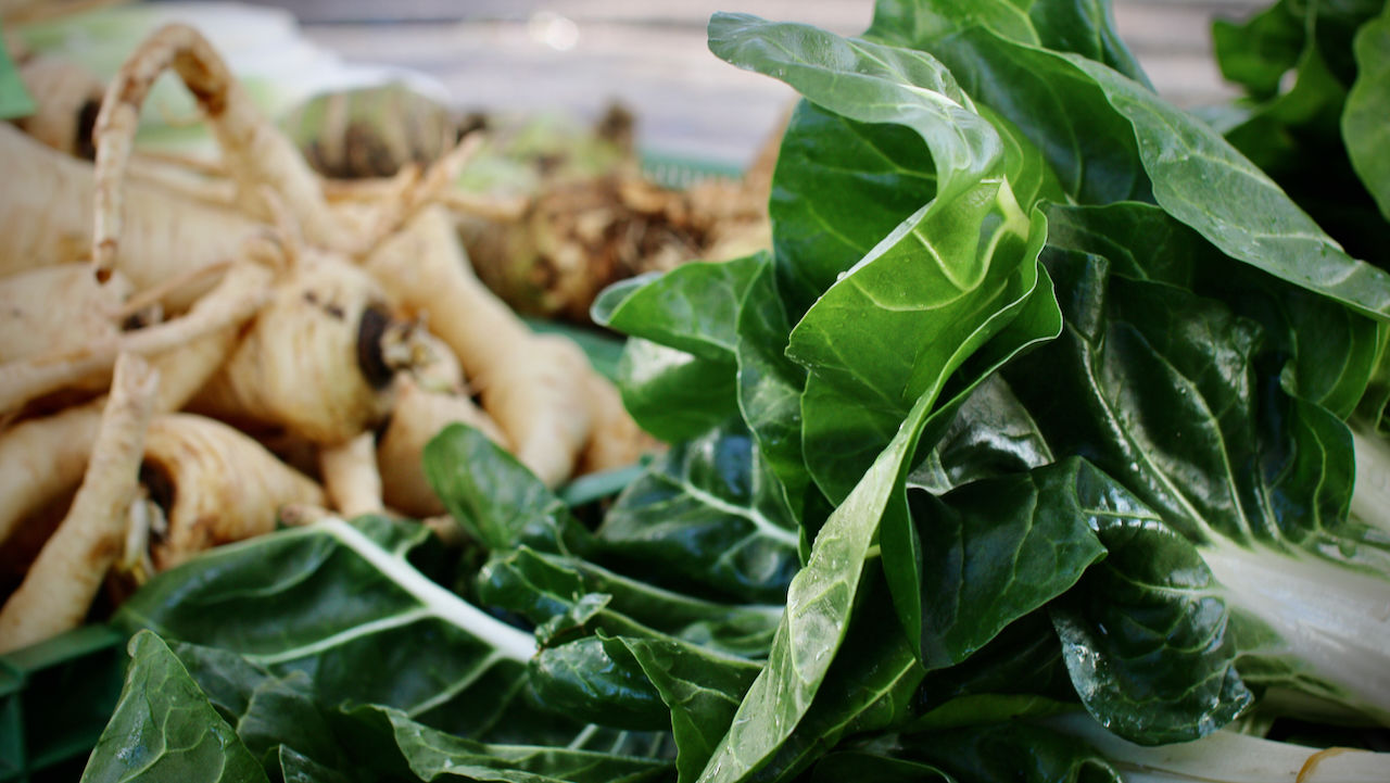 grüner Salat vor Pastinaken auf dem Arlesheimer Gemüsemarkt