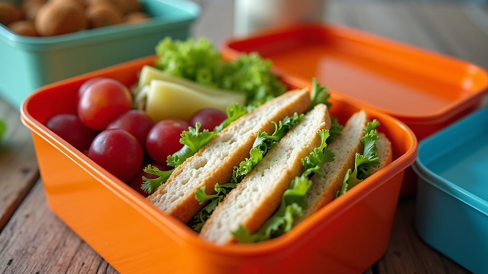 High angle view of a colorful lunchbox filled with sandwiches, fruits, and veggies