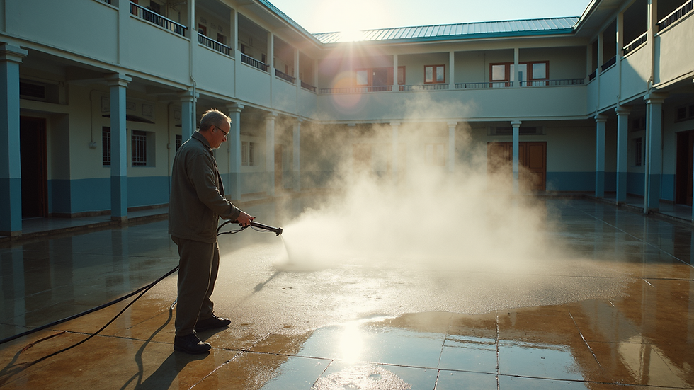 High angle view of a pressure cleaning process in a school courtyard