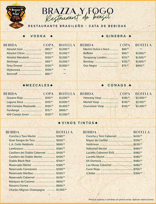 Menú de bebidas Brazza y Fogo: selección de vodkas, ginebras, mezcales, coñacs y vinos tintos.