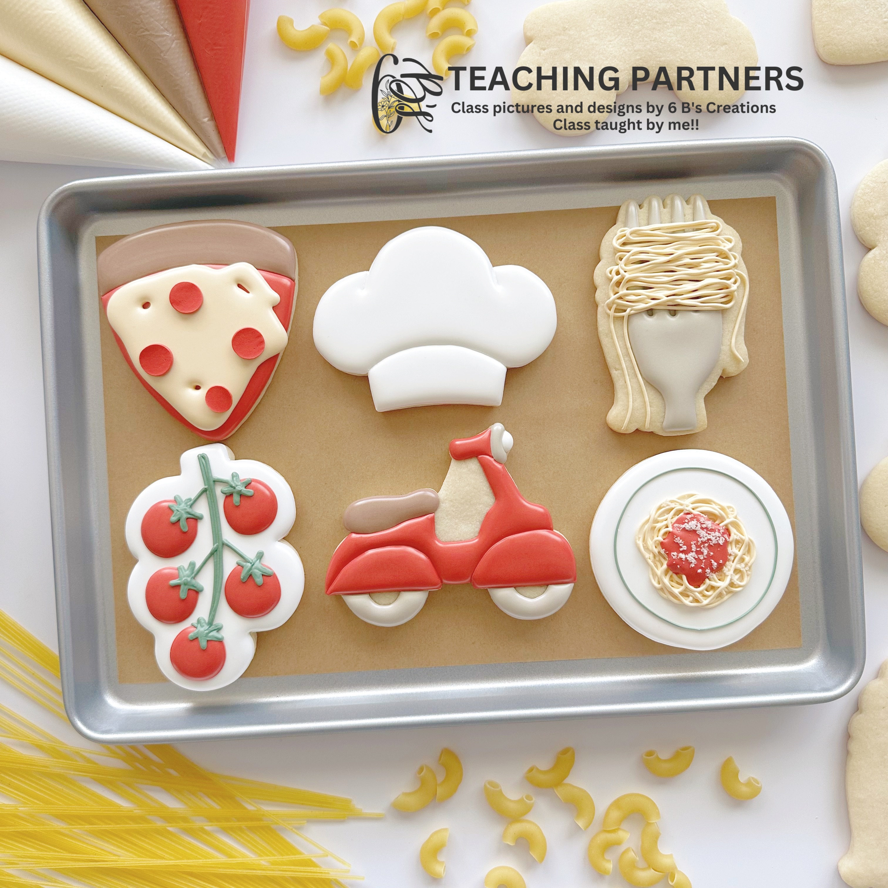 Italian themed decorated sugar cookies with intricate designs.