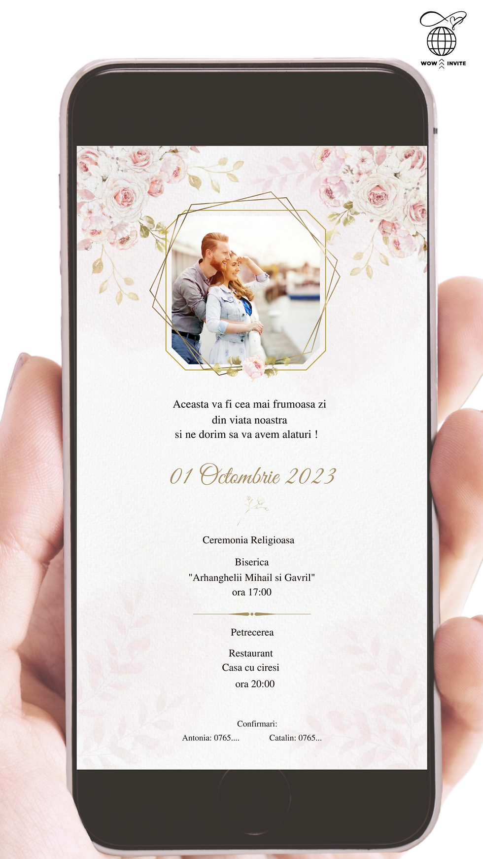 Invitație Video pentru Nuntă Ilustrație Flori Roz cu Frunze aurii