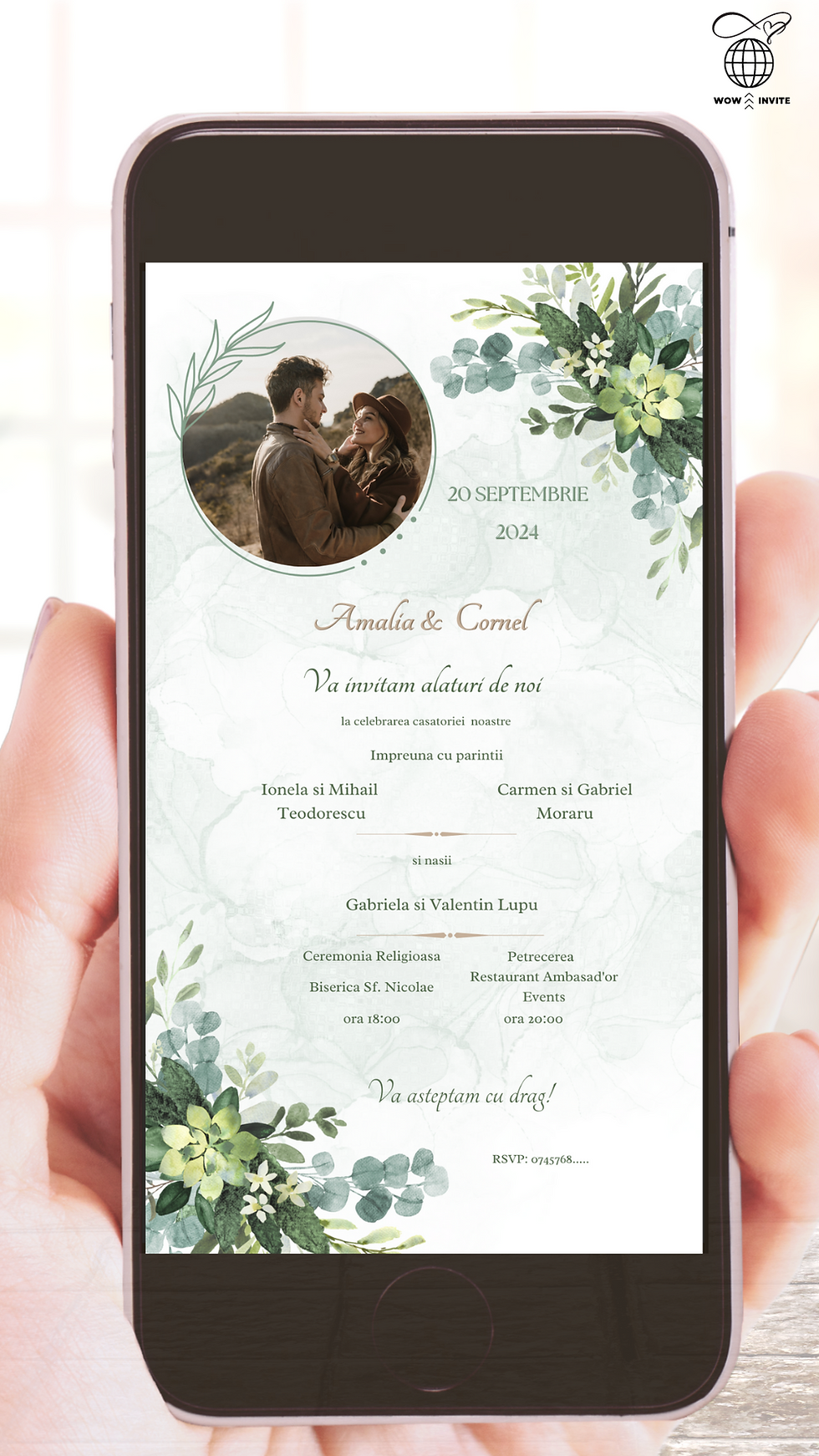 Invitație Video pentru Nuntă Tematică Greenery, Ilustrație Frunze Eucalipt