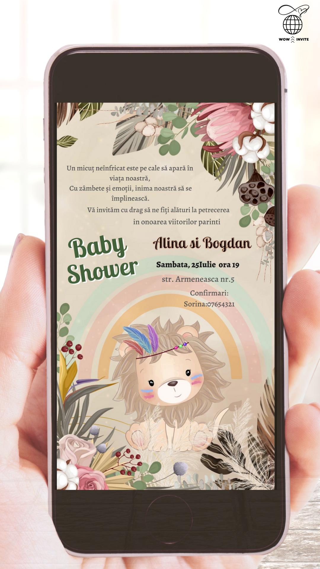 Invitație Video Baby Shower Regele Leu Boho Chic