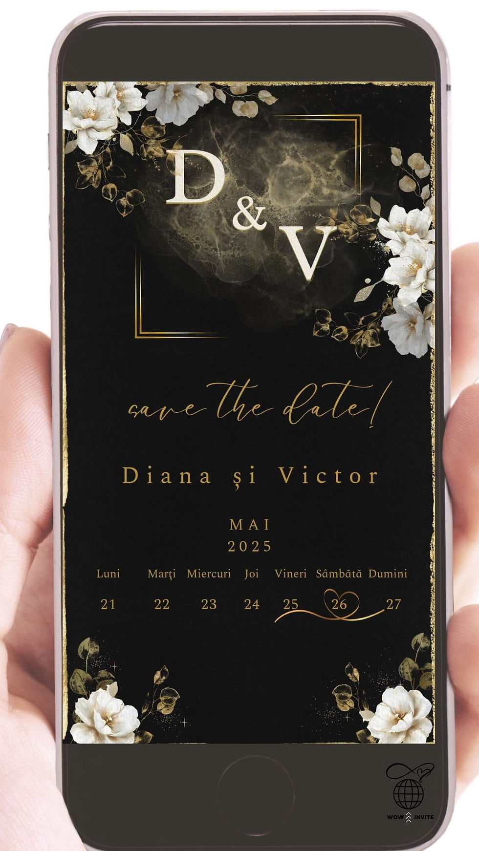 Invitație Video Digitală Nuntă FundalNegru Flori Albe Frunze Aurii