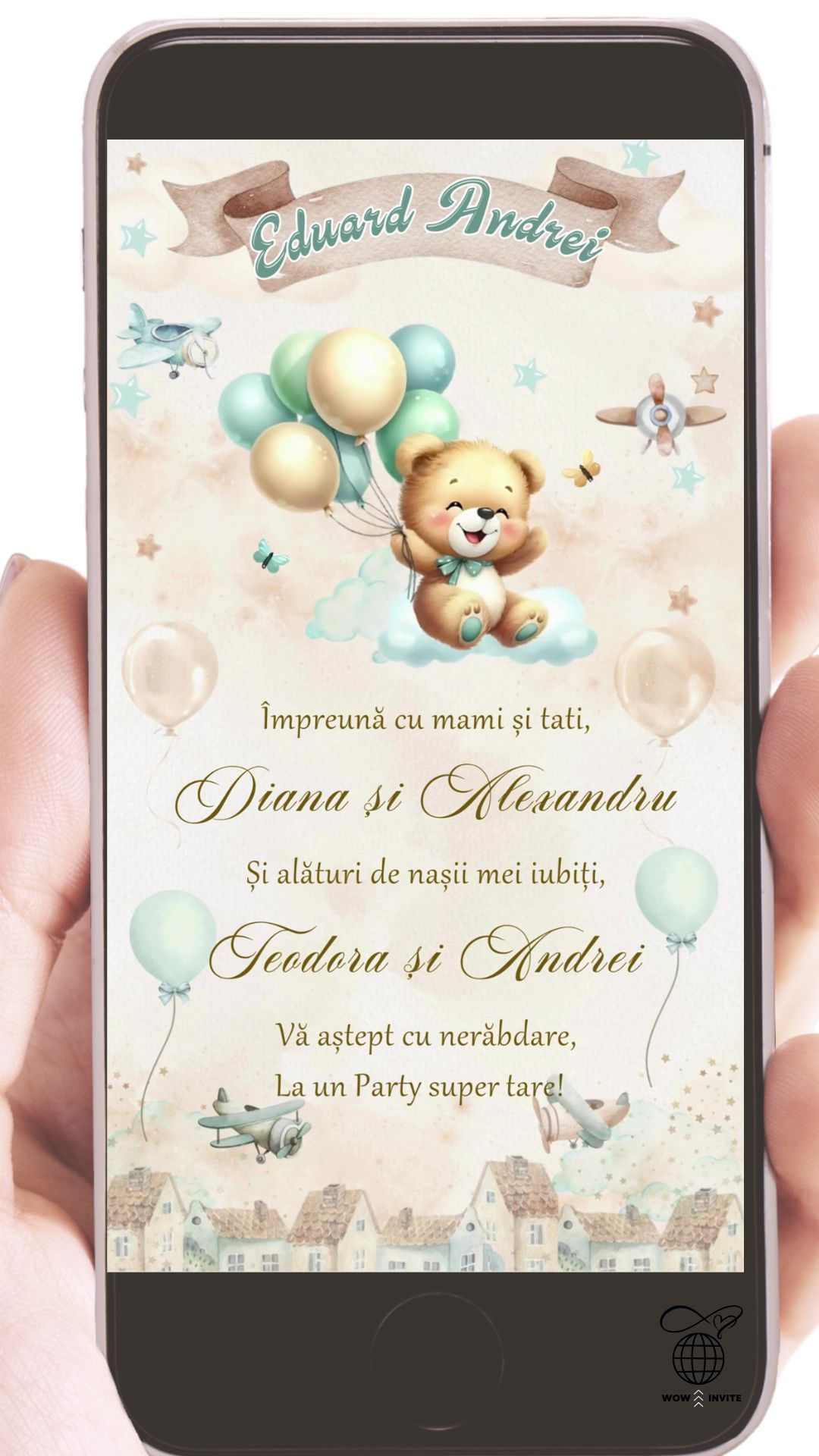 Invitatie Digitală Video Botez Ilustrație Ursuleț cu Baloane Turcoaz
