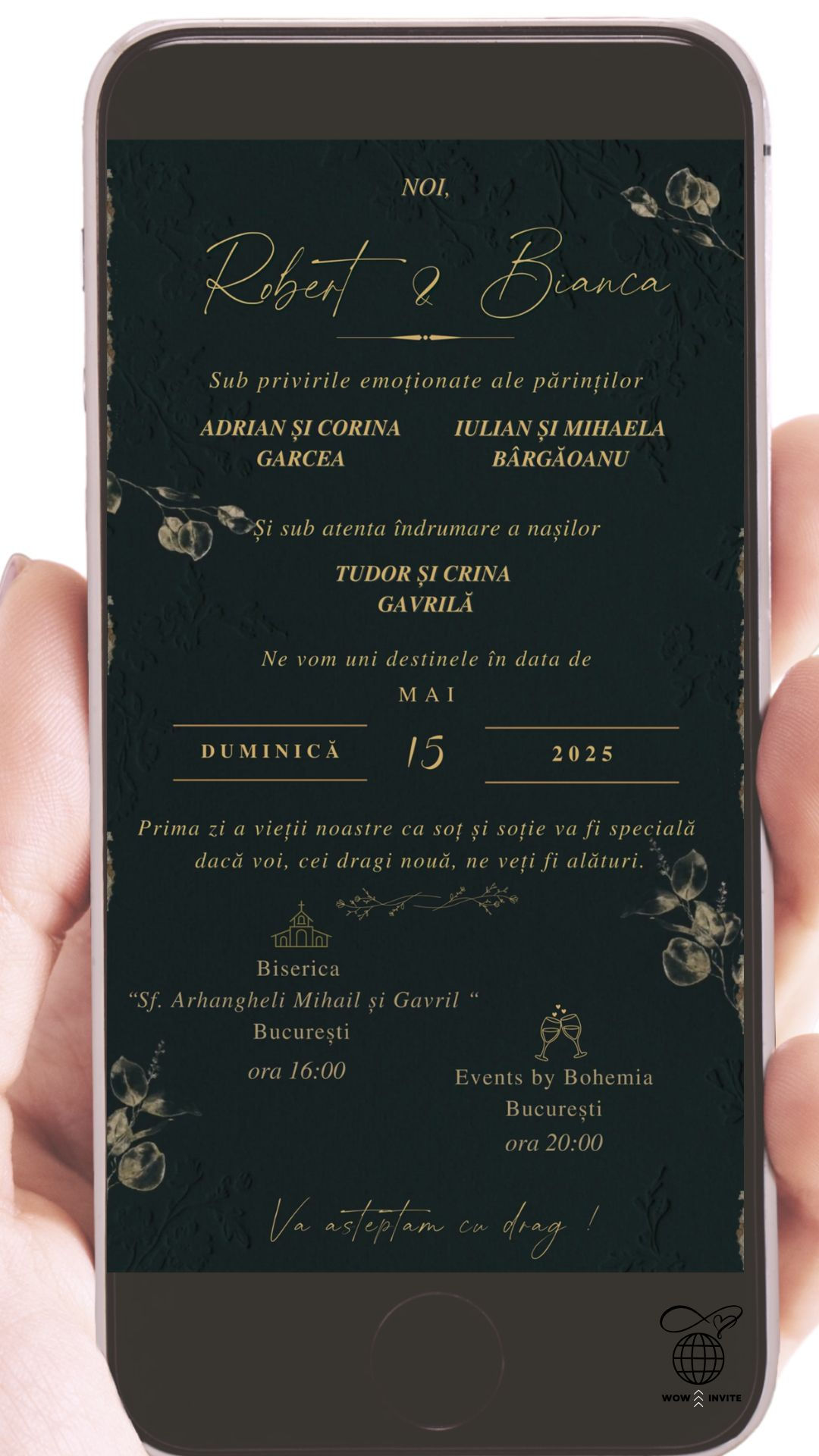 Invitație Video Digitală Nuntă Minimalistă Background Negru Embosat Frunze Aurii