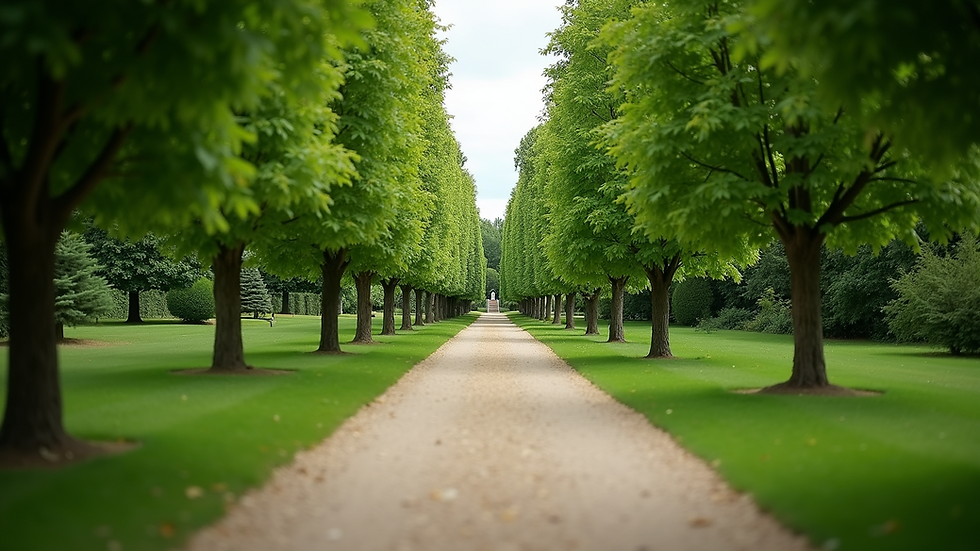 Eye-level view of a peaceful garden path surrounded by green trees