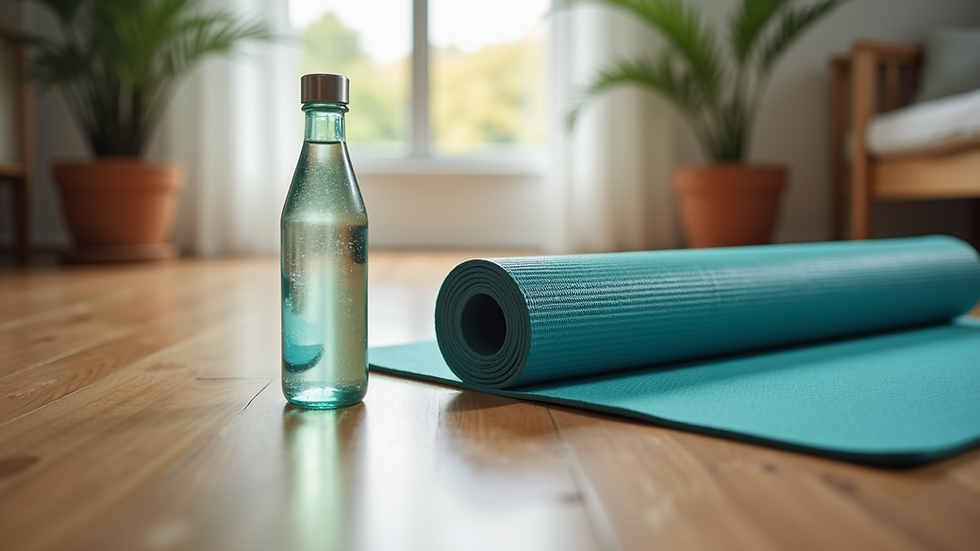 Close-up view of a yoga mat and a water bottle on wooden floor