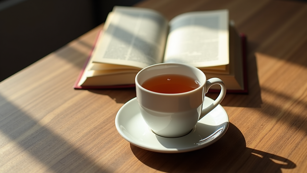 High angle view of a cup of herbal tea on a wooden table with a book