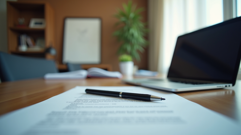 Eye-level view of a mediator's office with documents and a laptop