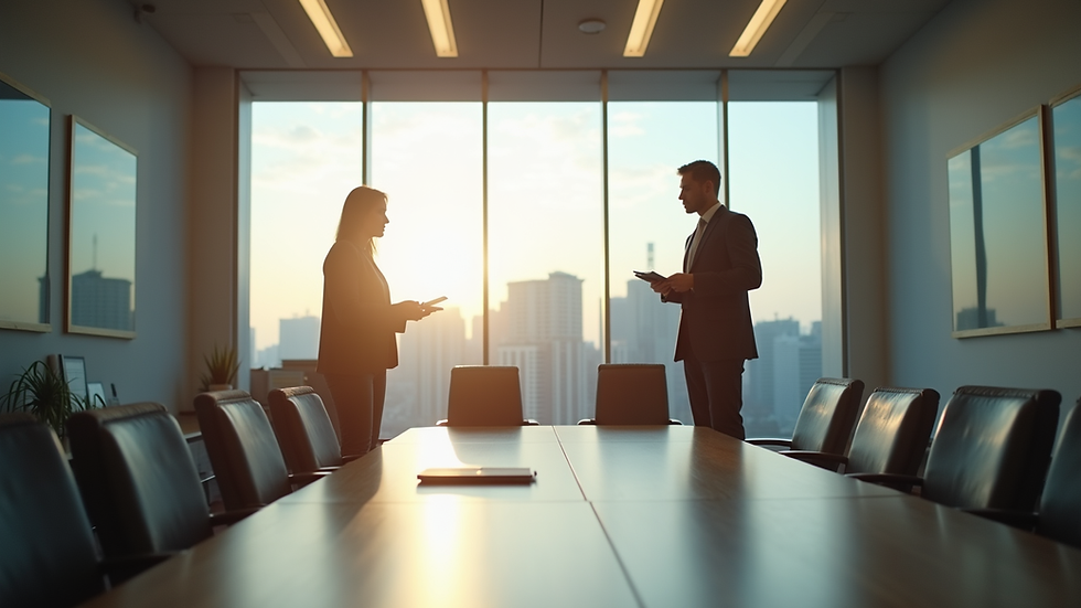 Vista frontal de una sala de mediación con dos personas negociando
