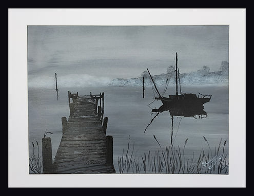 River Dart at Dusk, Small yatch in the darkness with shadow on the water, rickety wooden pier leading out into the water, sea mist in the background, bullrushes in foreground