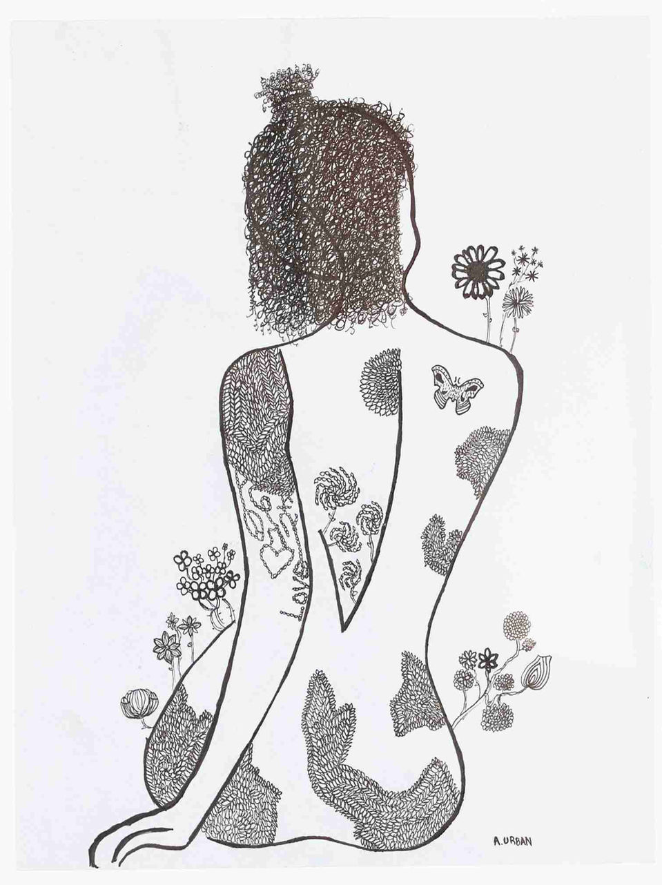 A drawing of a person's back, seated, with flowers and leaves growing around them.