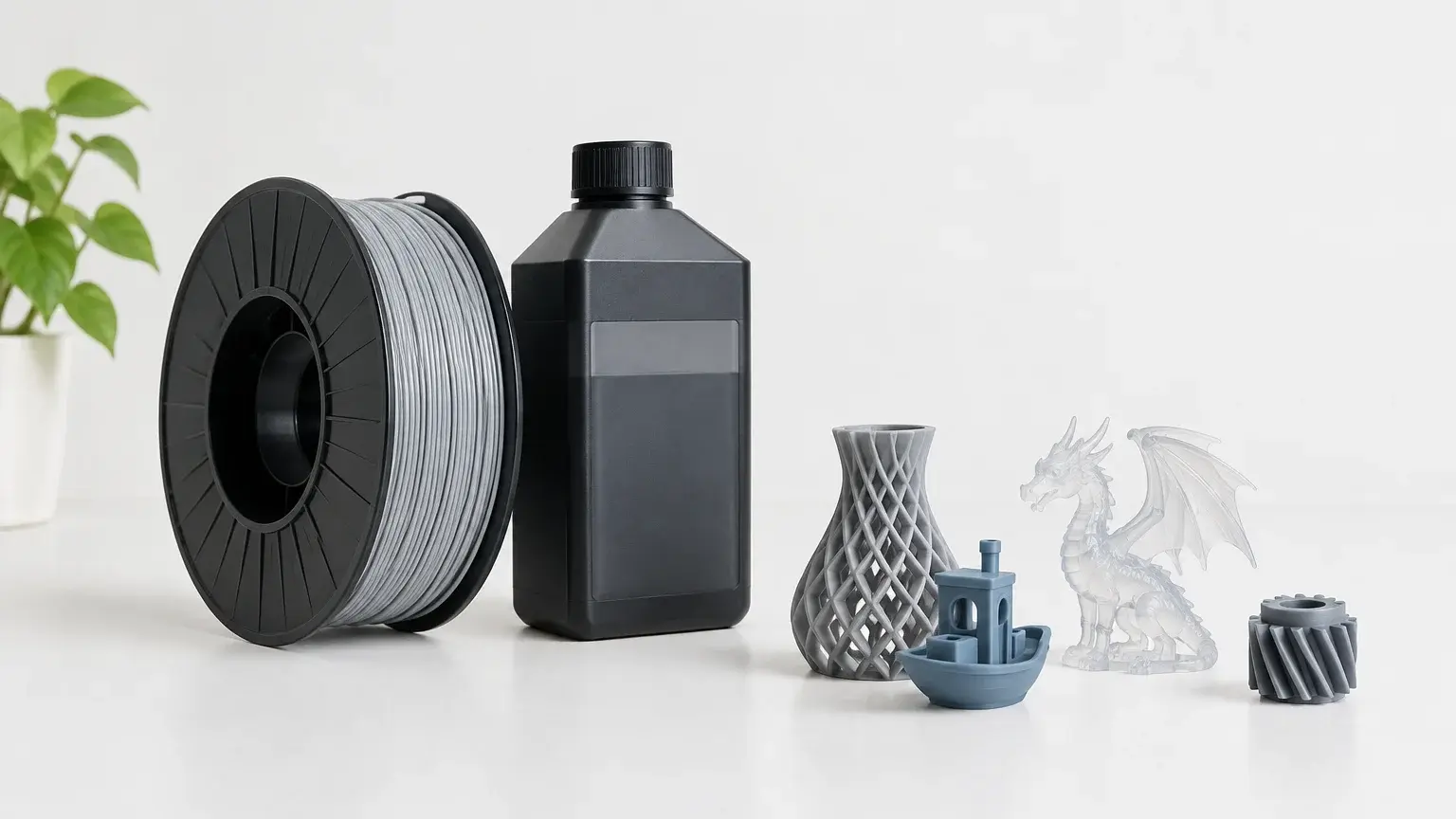 Bobine de filament et résine photopolymère présentées avec des échantillons imprimés en 3D.