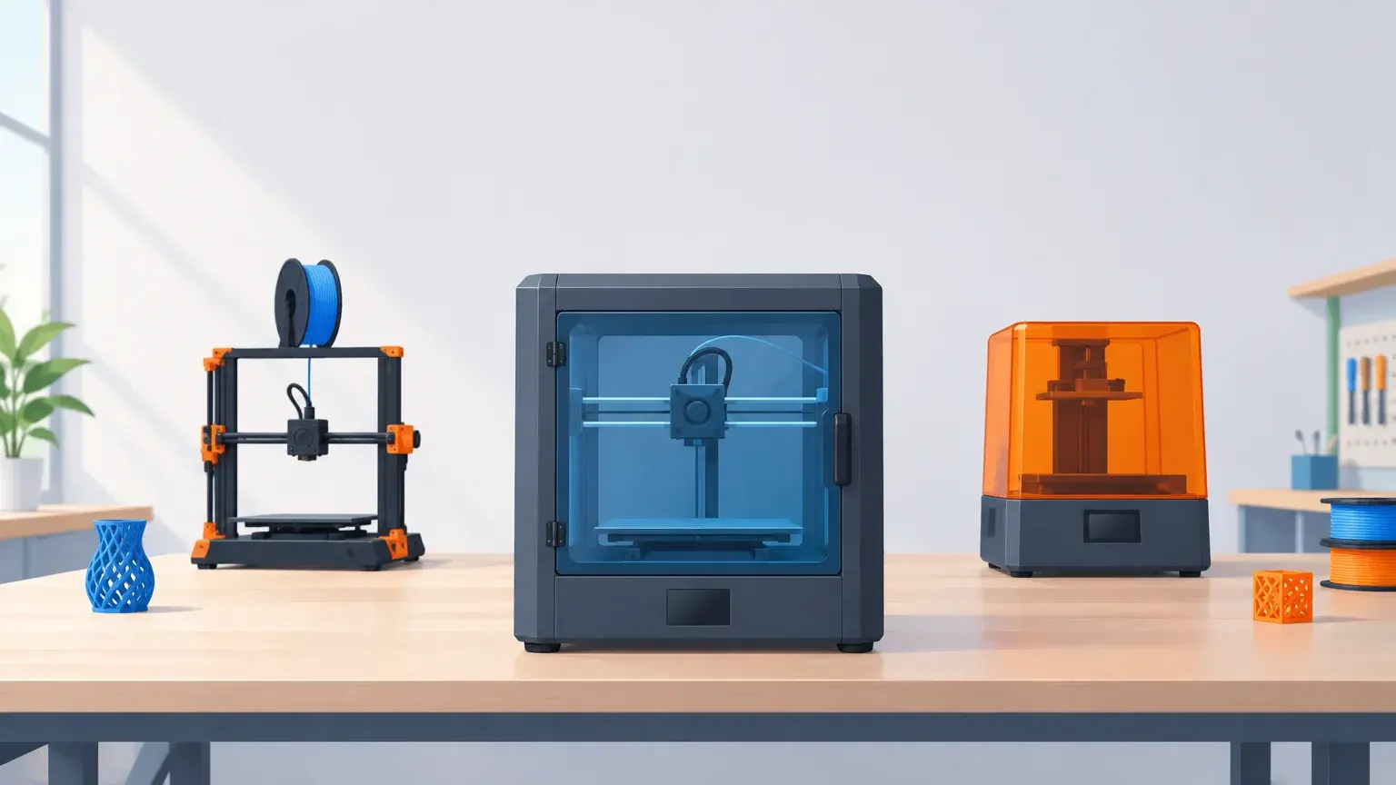 Trois imprimantes 3D de bureau génériques illustrent différentes alternatives à Bambu Lab.