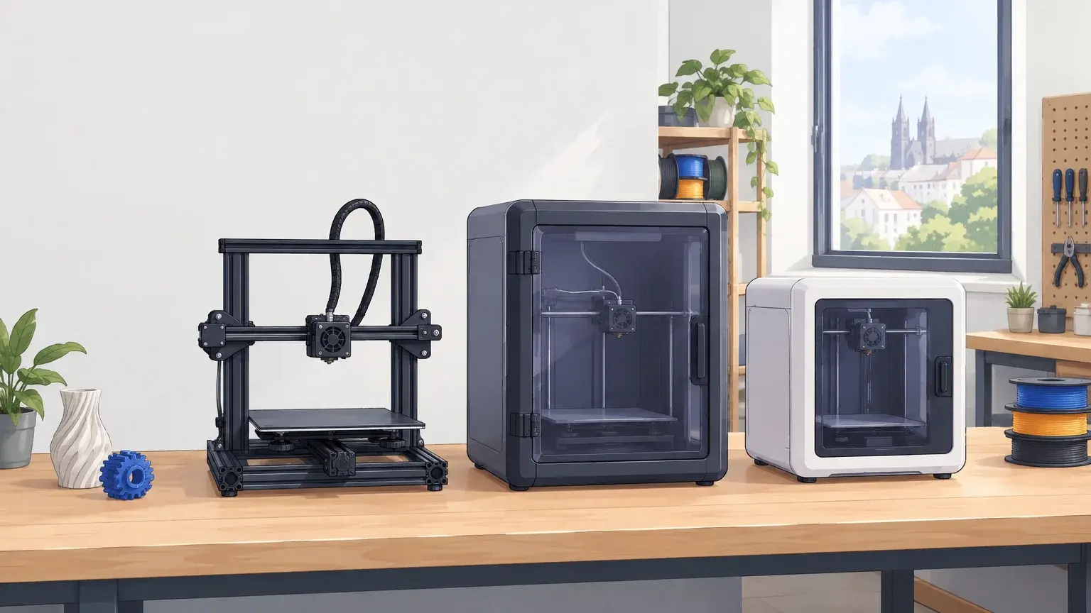 Trois imprimantes 3D de bureau sans marque dans un atelier lumineux, illustrant différentes alternatives à Creality.