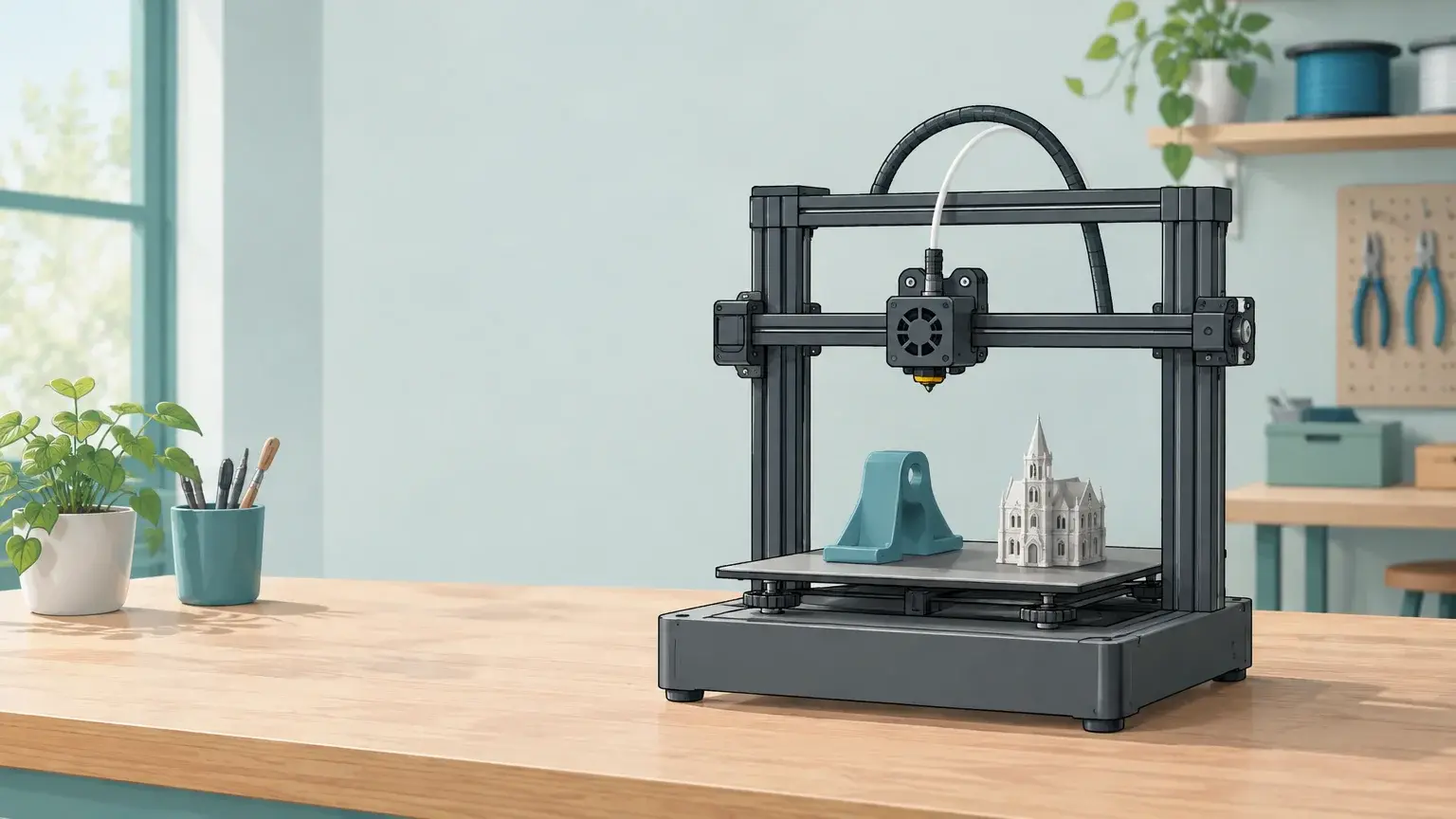 Imprimante 3D de bureau accompagnée d’une pièce fonctionnelle et d’une petite maquette.