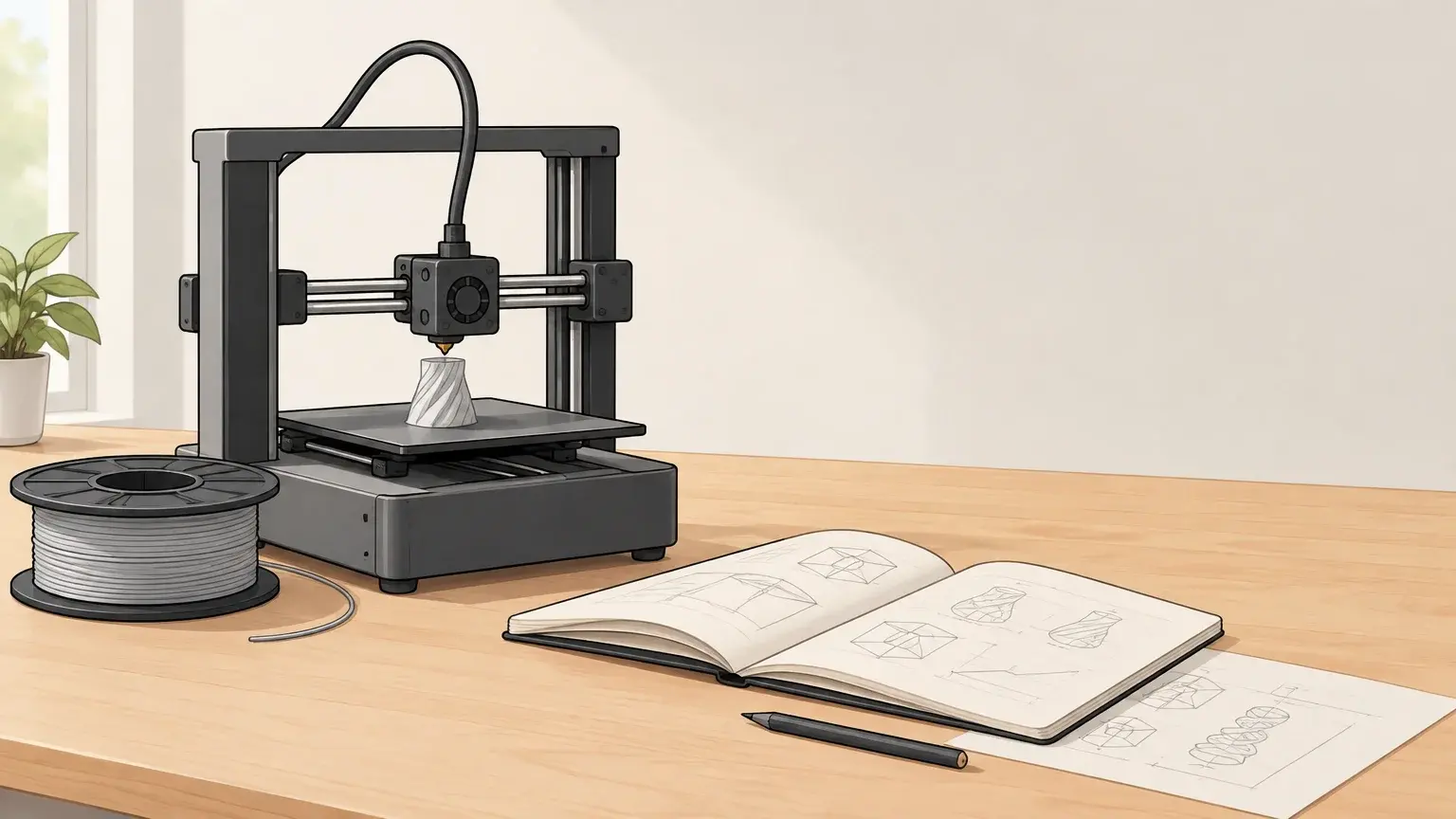 Imprimante 3D de bureau et petite pièce en cours d’impression sur un établi