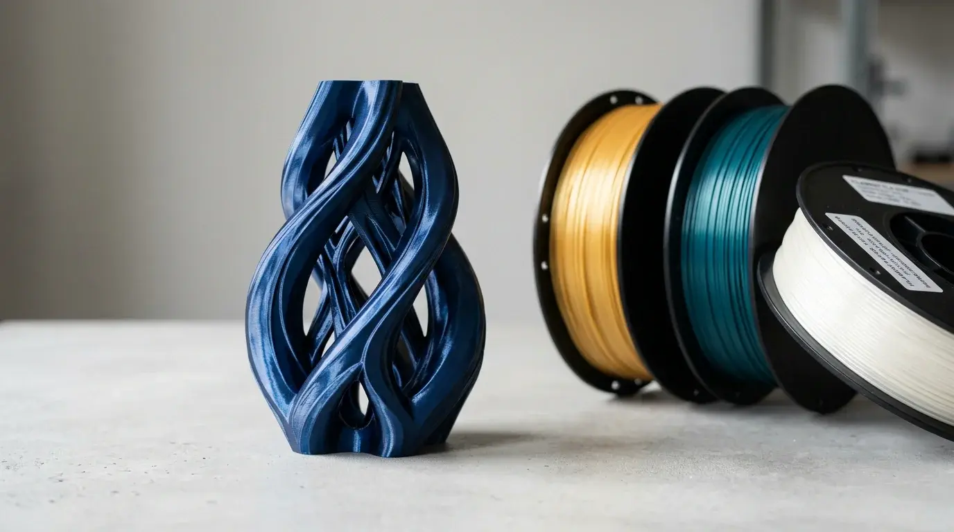 Sculpture imprimée en 3D avec finition soie brillante et bobines de filament colorées