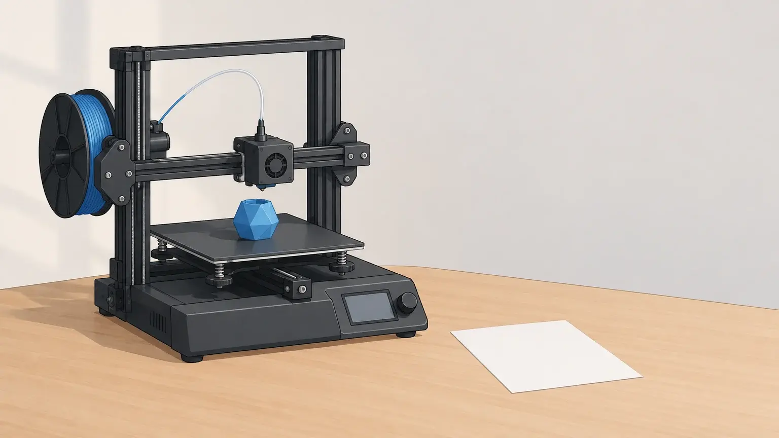 Imprimante 3D de bureau en train de fabriquer une petite pièce, près d’une fiche vierge.