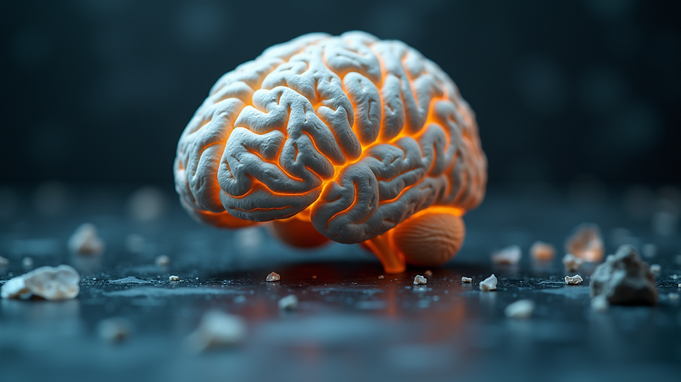 Eye-level view of a brain model highlighting neurological pathways