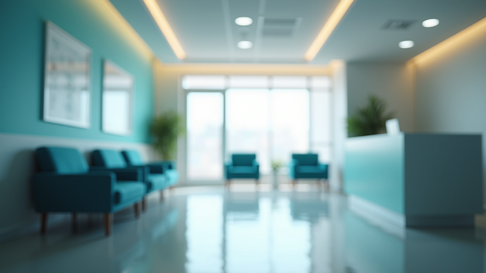 Eye-level view of a medical clinic waiting room with chairs and a reception desk