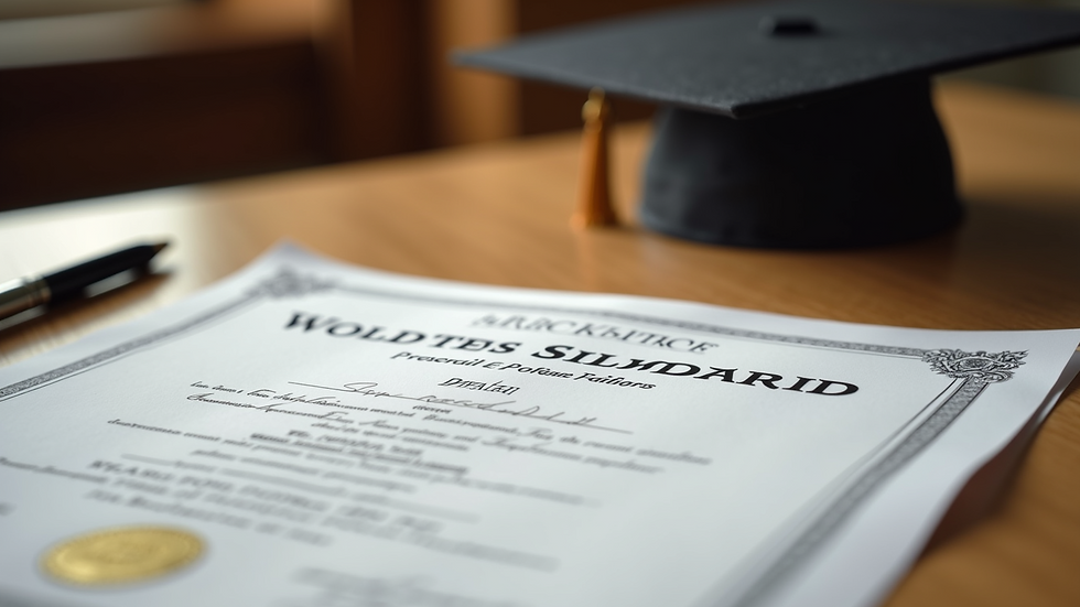 Close-up view of a scholarship award certificate on a wooden table