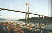 Argo sails under Chalkis city new bridge