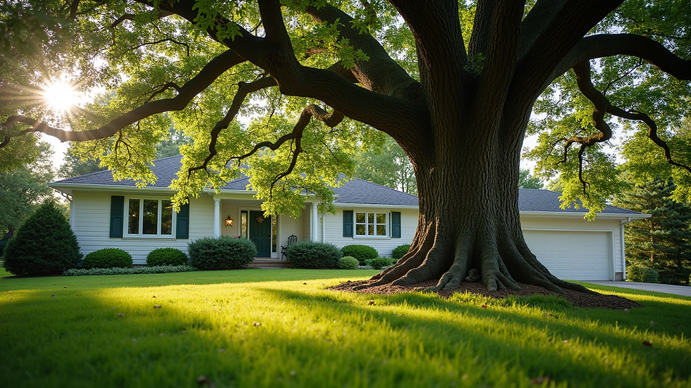 Eye-level view of a large oak tree near a residential home