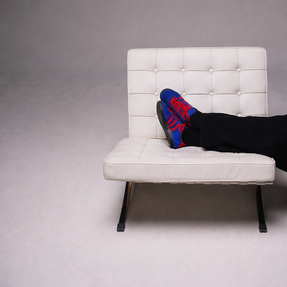 Vibrant sneakers on Barcelona chair.png