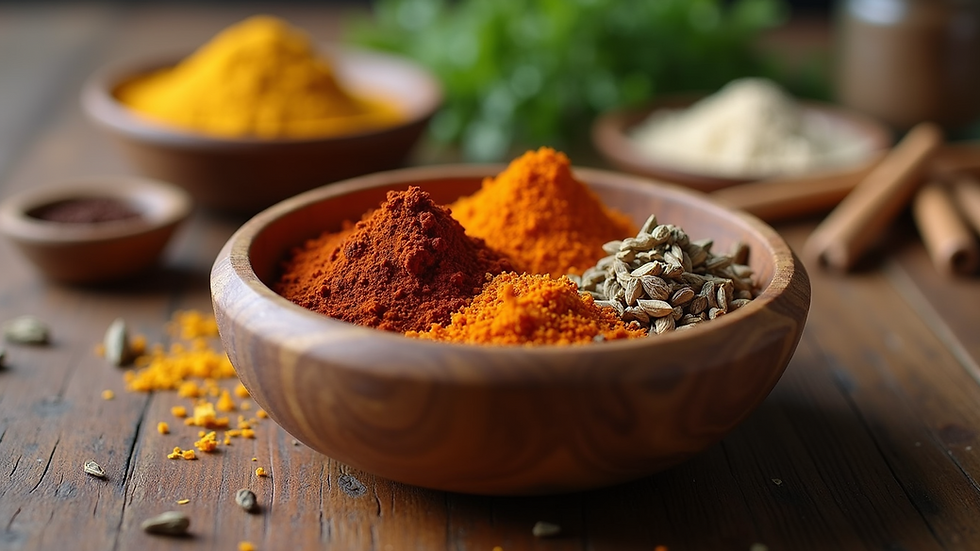 Eye-level view of a wooden bowl with Ayurvedic herbs and spices