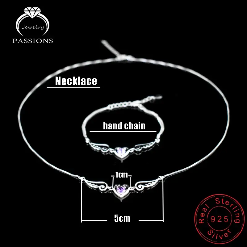 Thumbnail: Purple 925 Sterling Silver Heart Angel Wings Set AAA Zircon Necklace Bracelet