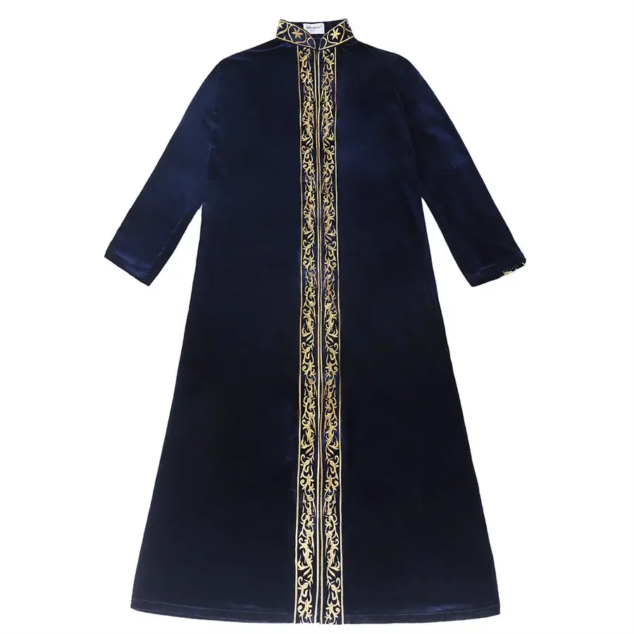 Thumbnail: Men's Muslim Caftan Stand Collar Embroidery Ramadan Long Sleeves Dubai Abaya