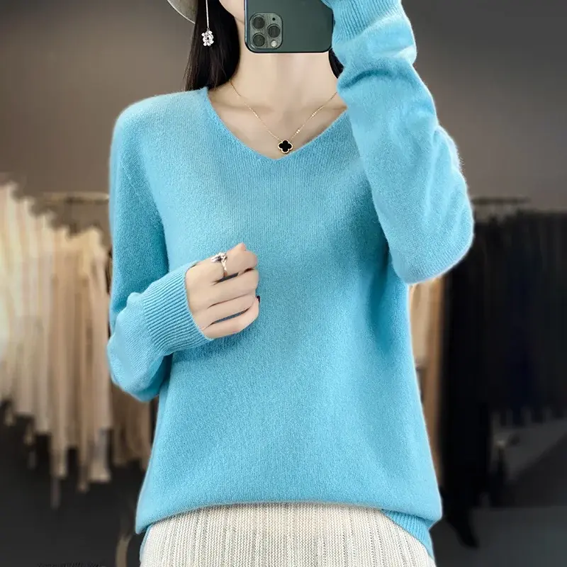Thumbnail: Knitting Sweater V-Neck Solid Color Loose Long Sleeved Soft