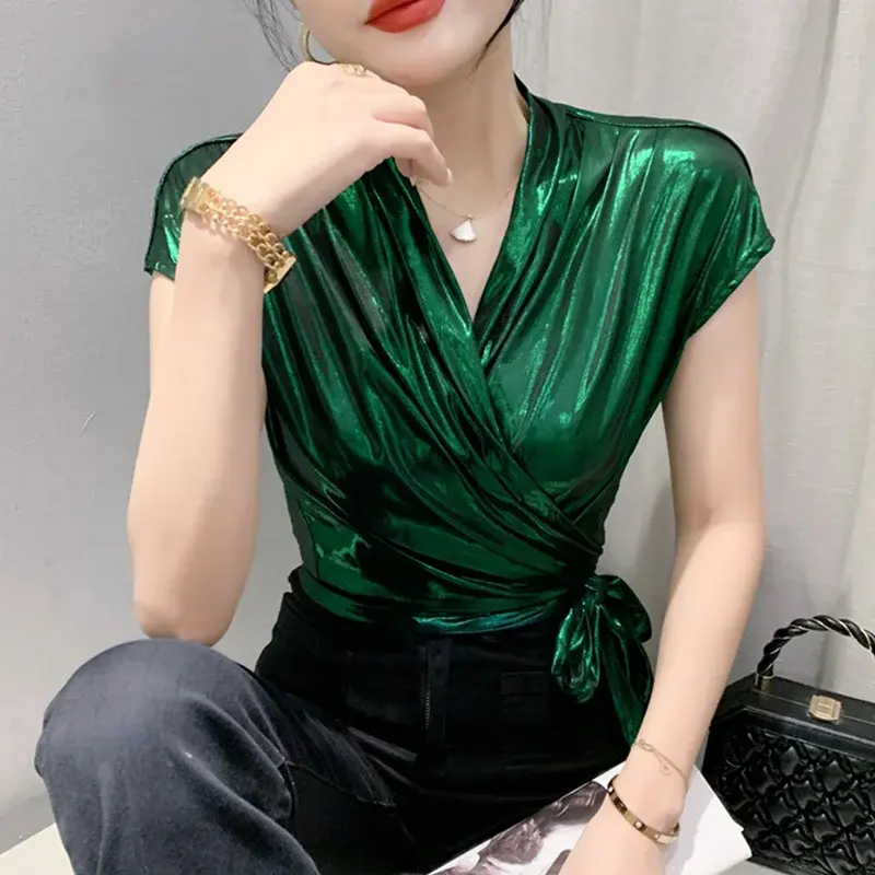 Thumbnail: Sexy Street Wear Gold Silver Green Shinny Short Sleeves Blouse Irregular Bandage