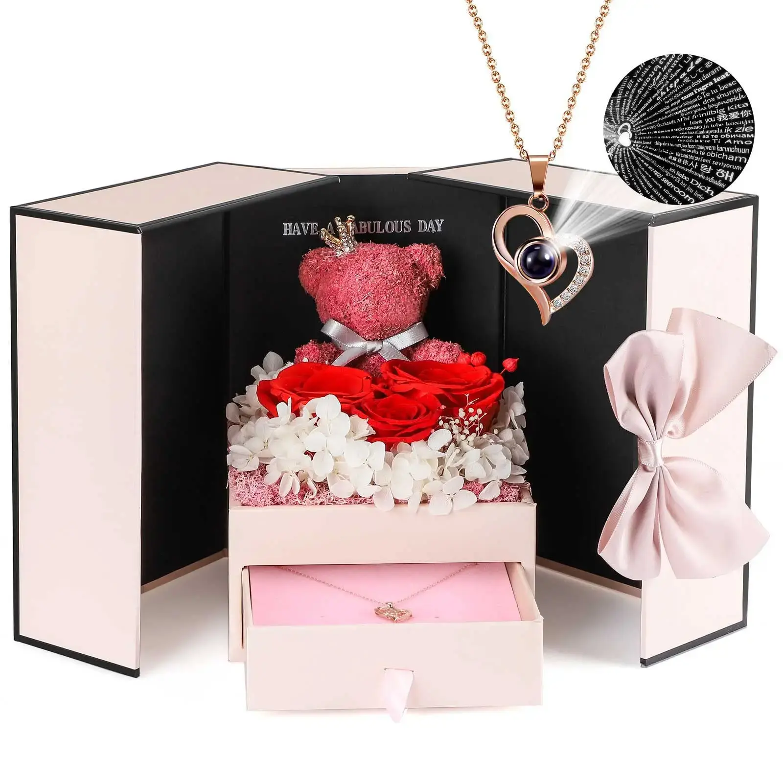 Eternal Rose Bear Box Heart Necklace Projection 100 Languages I Love You